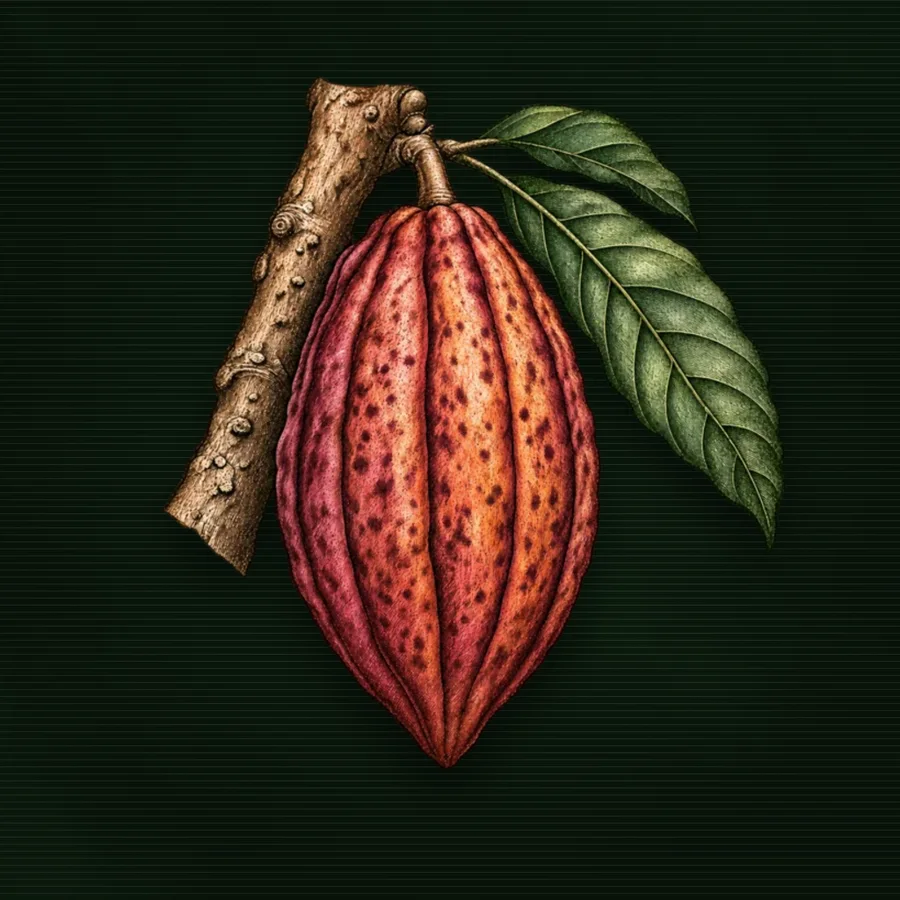 Fruto de cacau no cacaueiro, em gravura colorida